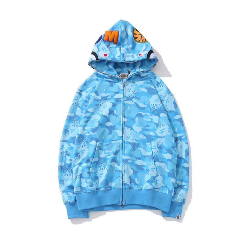 GMabcd Unisex Shark Camo Zip-Up Hoodie – Relaxed Streetwear Jacket – B8303 Blue