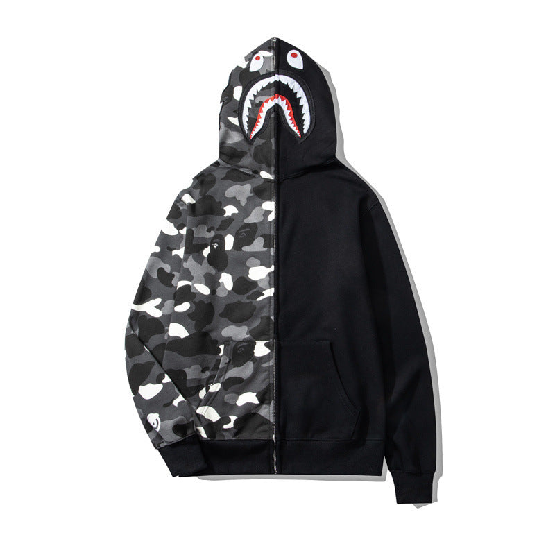 GMabcd Unisex Shark Camo Zip-Up Hoodie – Relaxed Streetwear Jacket – 2302 Black