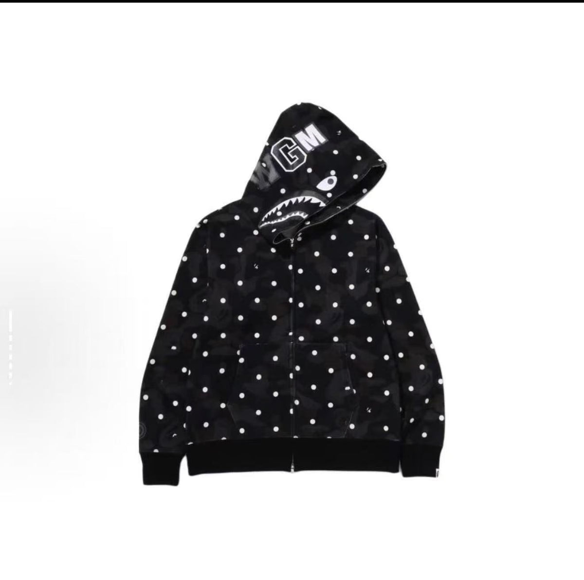 GMabcd Unisex Shark Camo Zip-Up Hoodie – Relaxed Streetwear Jacket – Polka Dot Black