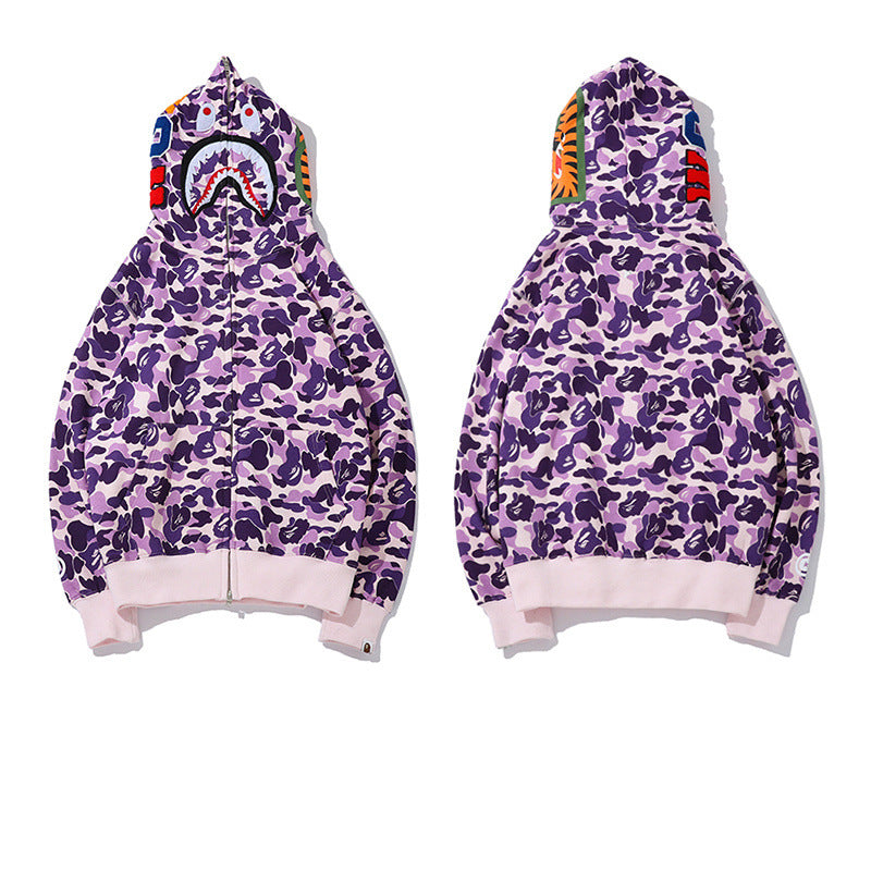 GMabcd Unisex Shark Camo Zip-Up Hoodie – Relaxed Streetwear Jacket – 8369 Purple
