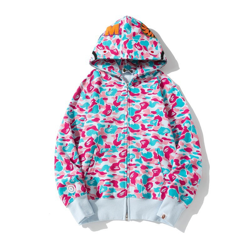 GMabcd Unisex Shark Camo Zip-Up Hoodie – Relaxed Streetwear Jacket – X6016