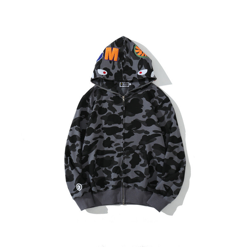 GMabcd Unisex Shark Camo Zip-Up Hoodie – Relaxed Streetwear Jacket – 8301 Grey